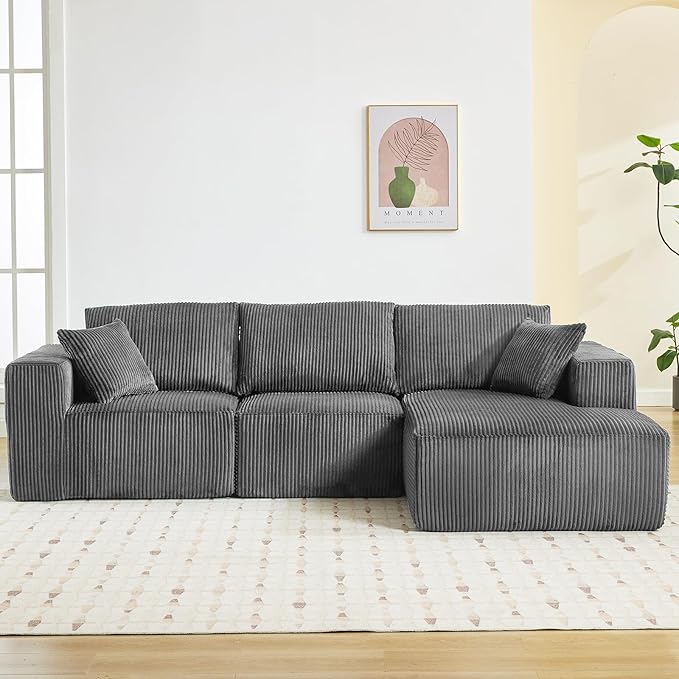 Sectional Cloud Boneless Couch 108 Modern Comfy L-Shape No Assembly Required Convertible Compression Sleeper Modular Sofa with Corduroy Fabric Deep Seat Loveseat + Chaise for Living Room