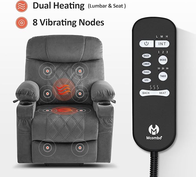 MCombo Small Size Triple Motor Power Lift Recliner Chair Sofa with Massage and Dual Heating Adjustable Headrest for Elderly People Petite USB Ports Extended Footrest Fabric 7222 (Dark Grey)