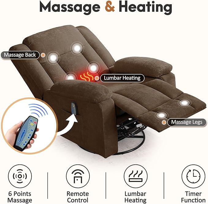 Rocker Recliner Chair for Adults 360° Swivel Rocker Recliner with Massage and Heating Nursery Rocking Chairs with Side Pockets Manual Reclining Chair for Living Room Bedroom or Nursery