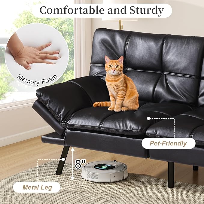Opoiar Leather Futon Sofa Bed Convertible Memory Foam Foldable Couch Modern Sleeper Loveseat with Adjustable Armrests&ampBackrests for Small Spaces Office Studio Apartment Dorm Game Room