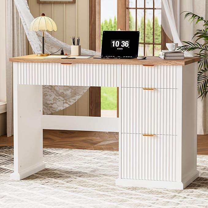 47 Farmhouse Executive Desk Home Office Desk with Drawers and Charging Station Wood Home Office Desk Fluted Computer Writing Desk for Study Living Room Bedroom