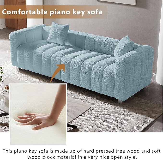87.4 Oversized Boucle Sofa CouchModern Teddy Deep Seat SofaUpholstered Tufted Couchwith 2 Accent Pillow3 Seater Sofa for Living Room ApartmentOffices. (Blue)