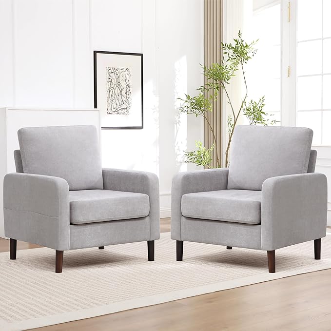 Accent Chair for Living Room Modern Reading Chair for Bedroom Upholstered Armchair with Wood Legs and Side Pockets Single Sofa Side Chair for Office Small Room Apartment Light Grey