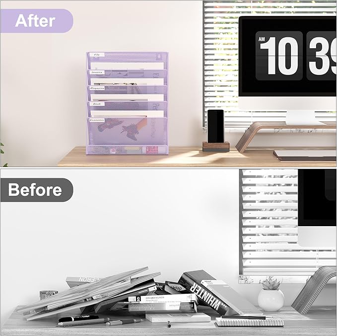 EasyPAG 5 Tier Wall File Holder Mesh Hanging Folder Organizer with Classify Label Versatile Desk File Holder Vertical Wall Mounted Mail Organizer for Office Home Cubicle Purple