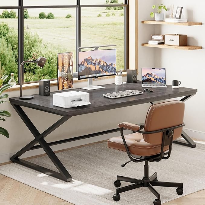 IBF 70 Inch Large Desk Long Computer Desk for Writing Study Industrial Home Office Work Executive Desk for Bedroom Wood Metal Pc Gaming Workstation Computer Table for 2 Monitors Dark Gray Oak