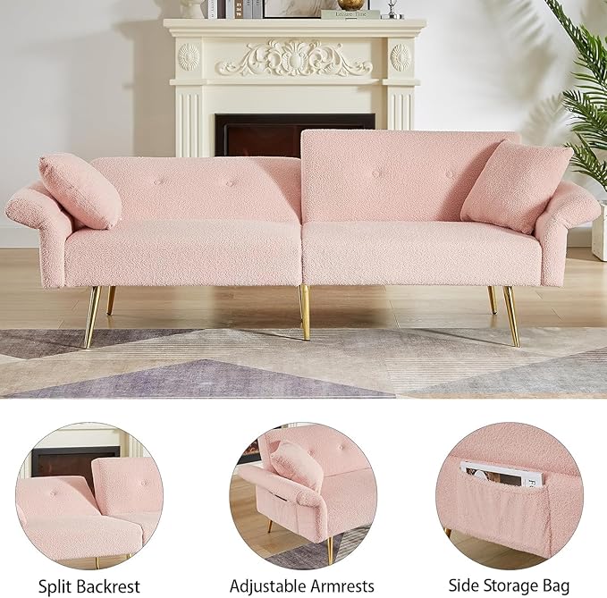 69.5''Pink Futon Loveseat Sofa Bed Teddy Upholstered Folding Couch with Adjustable Backrest and Armrests Sleeper Couches with Side Pocket and Gold Metal Legs for Small Space Living Room (Pink)
