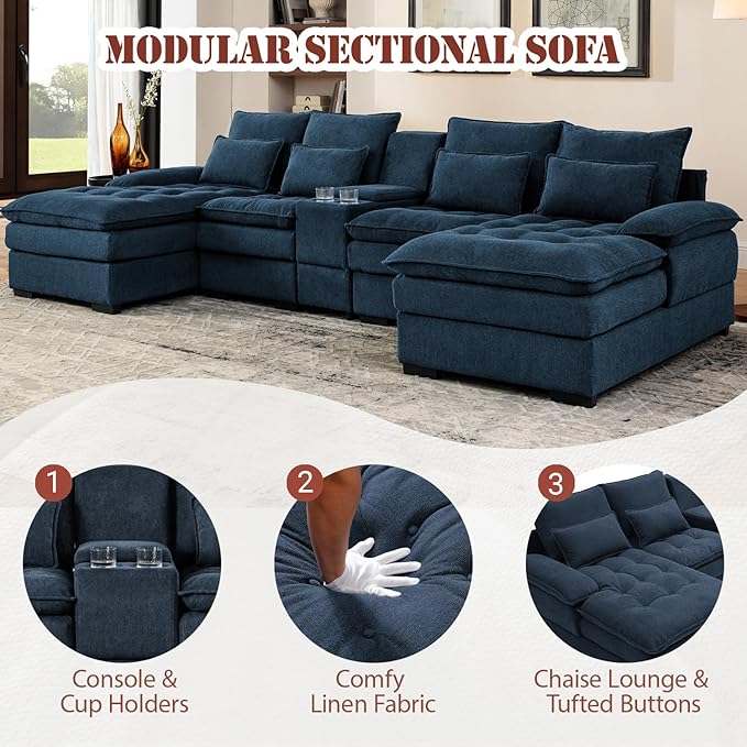 130 U-Shaped Modular Sectional Sofa Oversized Cloud Couches with Storage Console &amp Cup Holders Linen Sofa with Chaise/Pillows 6-Seater Deep Seat Couches for Living Room (Blue) | Breathable mat