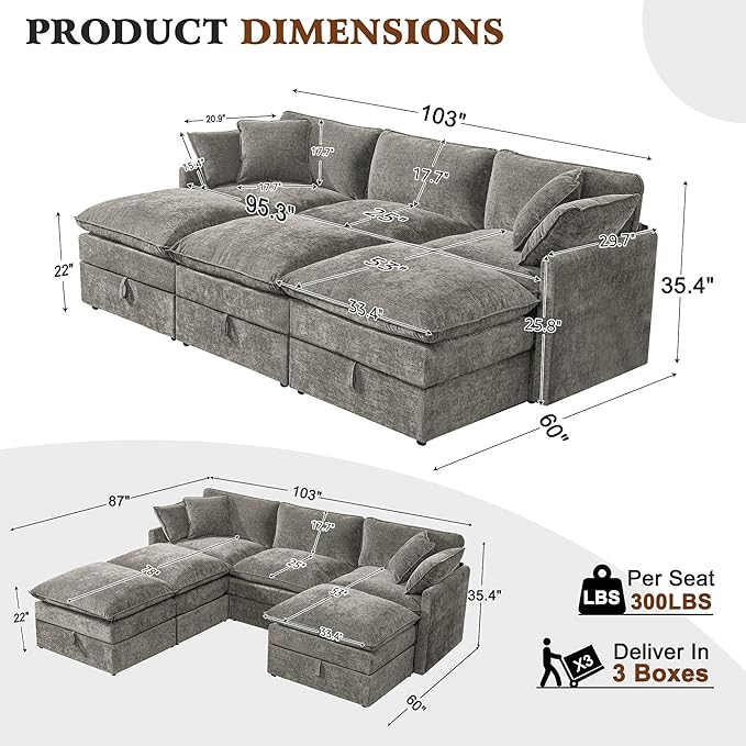 Ihanherry Oversized Sectional Sofa Bed with Storage 103 6-Seater Modular Cloud Couch with Movable Ottomans Chenille Deep Seat Sleeper Couches for Living Room (Grey)