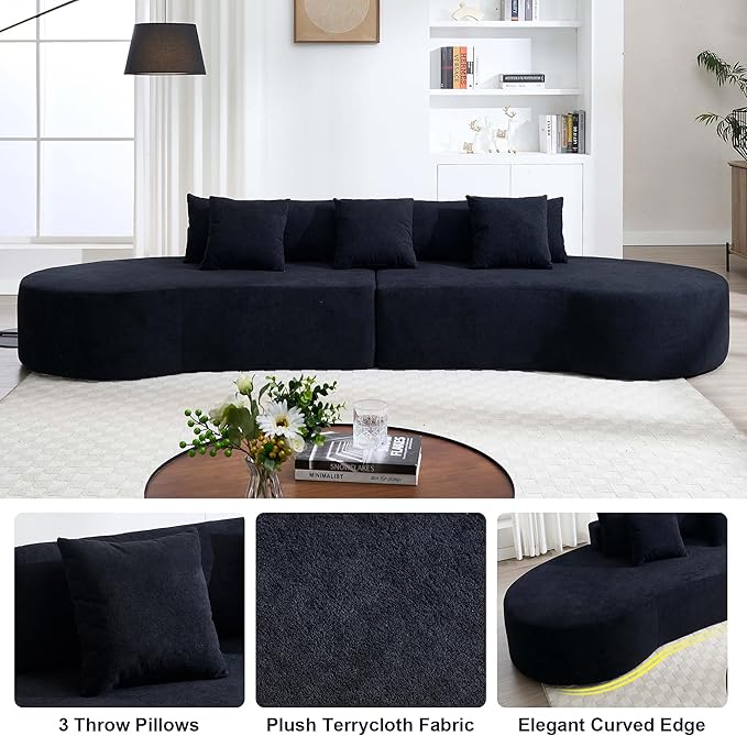 130.5” Oversized Curved Sectional Sofa Modern Cloud Curved Couch Boneless Compression Sofa with 3 Pillows for Living Room Apartment Office No Assembly Required Terrycloth Fabric Black