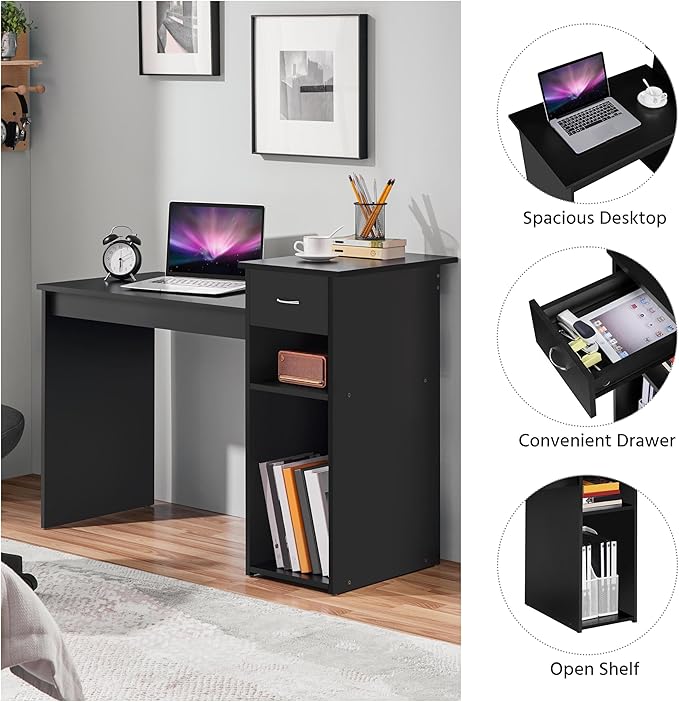 Yaheetech Home Office Computer Desk with Storage Drawer and Monitor Stand Wooden PC Laptop Table Modern Simple Style Computer Workstation for Study Writing Black