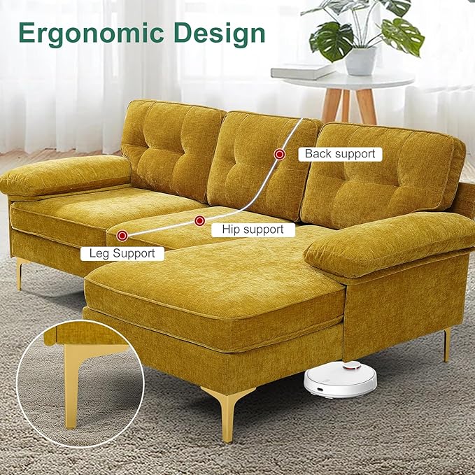 PARKOL 82in L Shaped Sectional Couches Small Lounge Sofa Home Sectional Couches for Living Room Set Clearance Set Couch for Small Space Apartment Yellow Chenille Fabric