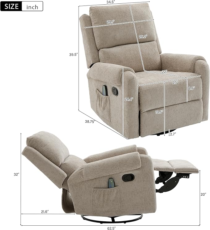 Christopher Knight Home Harper Massage Recliner Chair with 8 Modes Chenille Upholstered Recliner Sofa Swivel Massage Chair with a Side Storage Pocket for Living Room/BedroomHead SupportLight Brown