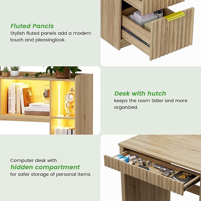 HNEBC Home Office Desk with Hutch and Drawers - 39 Standing Computer Desk with Charging Station&amp3 Color LightsHidden Compartment &amp Fluted Panel Design LED Writing Desk for Bedroom Study (N