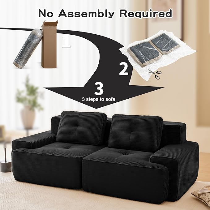 82'' Boneless Couch Modular Sectional Sofa Modern Sectional Couches for Living Room with Deep Seat Comfy Corduroy Cloud Couch Tufted Loveseat Small Sofa Couches Sleeper Sofas Black
