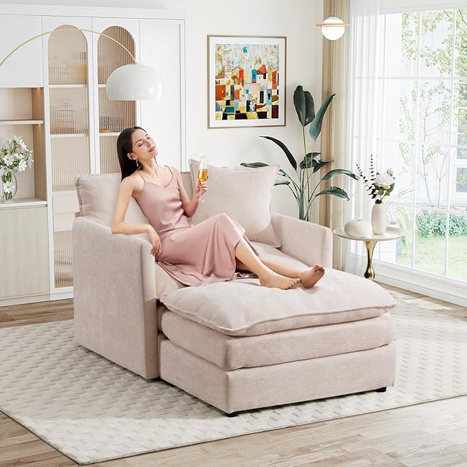 Oversized Chaise Lounge Chair Indoor Modern Comfy Chenille Cloud Accent Chair and A Half with Ottoman Single Deep Seat Sofa Couch Reading Armchair for Living Room Bedroom Apartment Beige