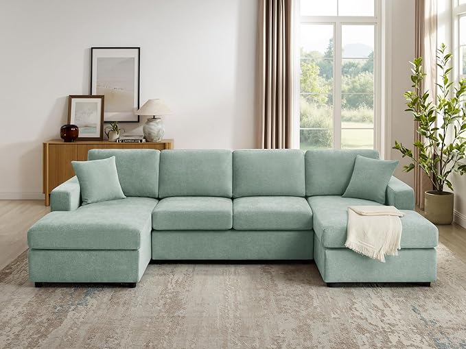 VANOMi 118'' U Shaped Sectional Sofa 4 Seat Modern Sectional Couch Double Chaise Longue Cozy Chenille Sofa Couches for Living Room Apartment Mint