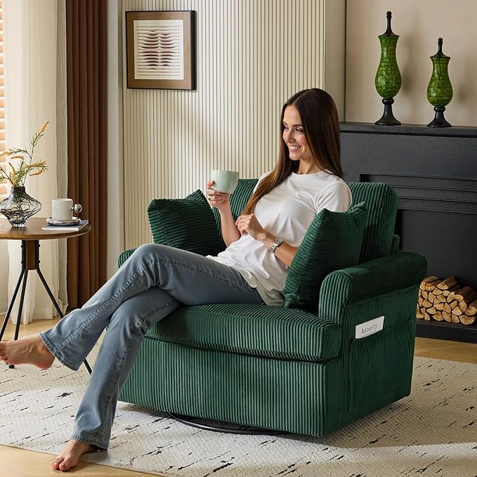 Karl home 39 Swivel Accent ChairOversized Seat Armchair W/2 Pillows and 4 PocketsModern Upholstered Corduroy Barrel ChairsComfy Single Sofa for Living RoomReadingBedroom and Office-Dark Green