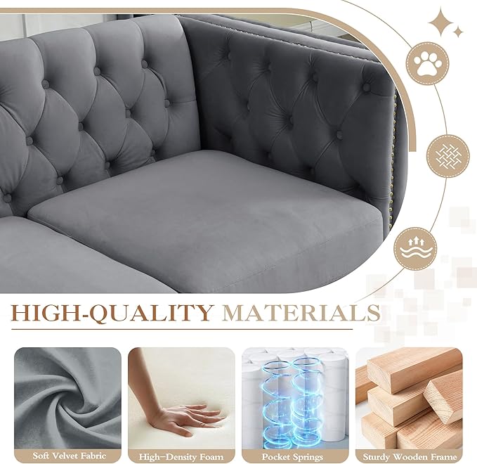 58 Chesterfield Sofa Comfy Velvet Button Tufted Mid Century Modern Couch Cloud Futon Small Loveseat Grey with Gold Legs and Nailhead Deep Seat Sofas for Living Room Office (Dark Grey 2 Seater)