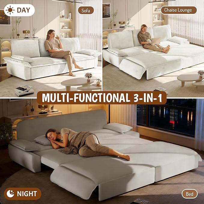 94.5'' Sleeper Sofa Bed King Size Modern Corduroy Pull Out Couch 3-in-1 Convertible Futon Sofa 3 Seater Couches Cloud Recliner Pillow Arm for Living Room Apartment Offices Beige