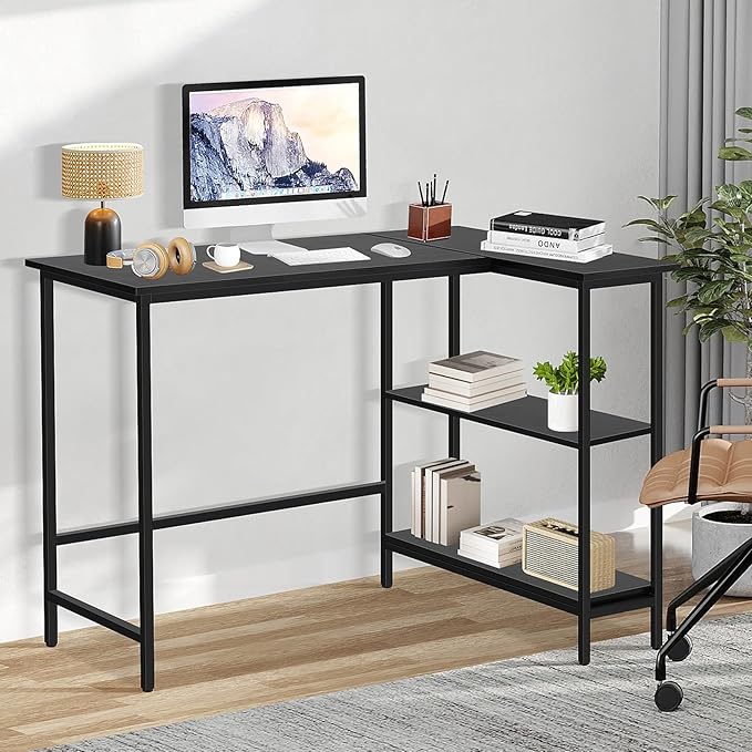 BLKMTY L-Shaped Computer Desk with Storage Shelves 43 Home Office Corner Desk for Small Spaces Reversible Study Writing Table Workstation Black