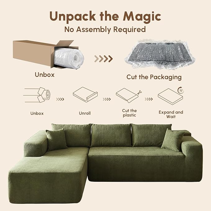 106 Cloud Sectional Couches for Living RoomL Shaped Boneless Couch with Comfy ChaiseModular Sofa with Deep Seat No Assembly RequiredGreen