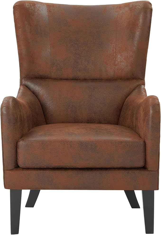 Christopher Knight Home Elber Mid-Century Modern Wingback Accent Chair Faux Suede Upholstered Club Chair with Cushion Wooden Living Room Lounge Chair for Reading Relaxation Brown