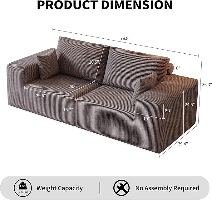 79 Modular Loveseat Sofa- 2 Seater Oversized Deep Seat Cloud Boneless Couch for Living Room Corduroy Loveseat Couch No Assembly Required (Brown)
