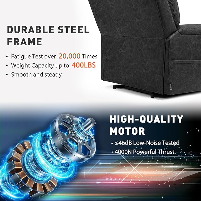 EONIX Triple Motor Lay Flat Power Lift Recliner Chair for Elderly 400lbs Electirc Lift Chair for Living Room Independent Adjustable Lumbar Extended Footrest Hidden Cup Holders Charcoal Black