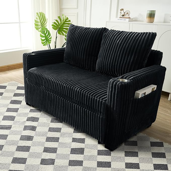 Antetek Pull Out Sofa Bed Futon Convertible Modern Corduroy Loveseat Chaise Lounge Sofa Couch with USB Charging Ports &amp Cup Holders for Guest Room Living Room Bedroom Adjustable Backrest Black