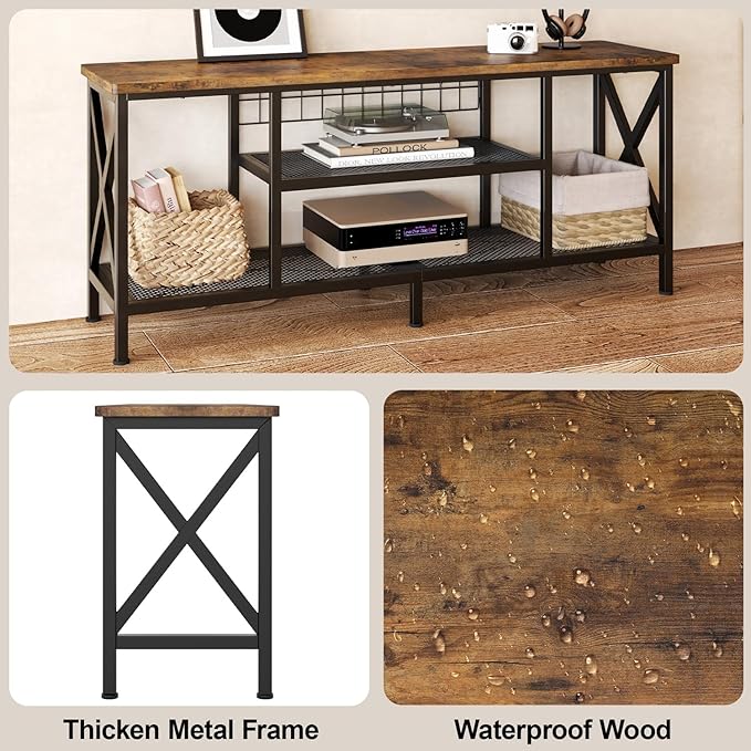 Gizoon 59.8 Industrial TV Stand for 55-65 Inch TVs Rustic Brown 3-Tier Media Entertainment Center with Open Shelves Metal Frame Sofa Table for Living Room Bedroom Office