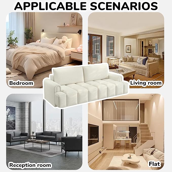 90 Comfy 4-Seater Modern Teddy Sofa with Seats Storage King Size 3-in-1 Convertible Sleeper Sofa Bed for Living Room (White)