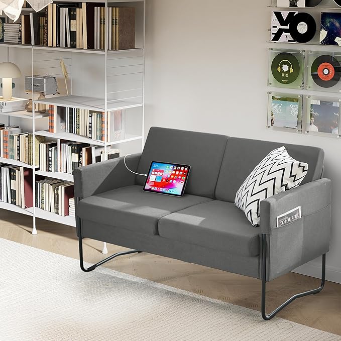 STHOUYN 51” Small Loveseat Sofa for Small Spaces Comfy Grey Couch with 2 USB Ports Modern 2 Person Sofa Loveseats for Living Room Bedroom Mini Teen Office Couch (Dark Grey)