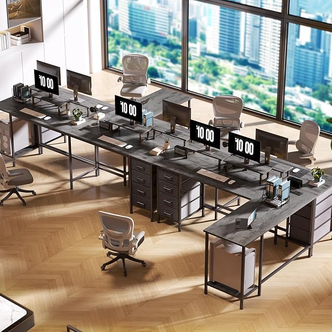 66 L Shaped Computer Desk 94.4'' Home Office Desk with Power Outlets 4 Adjustable Storage Drawers &amp 2 Monitor Stands Large Two Person Gaming Table for Writing Study Grey