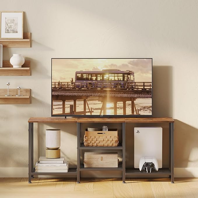 TV Stand for 55 Inch TV Entertainment Center with 3-Tier Open Shelves TV Console Table for Living Room Bedroom Rustic Brown