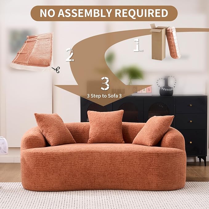 65 Curved LoveseatDeep Seat Cloud Floor Couch with 3 BackrestCozy Chenille FabricSmall Loveseat for Small SpacesBedroomOfficeApartment (Coral 65 Inch)