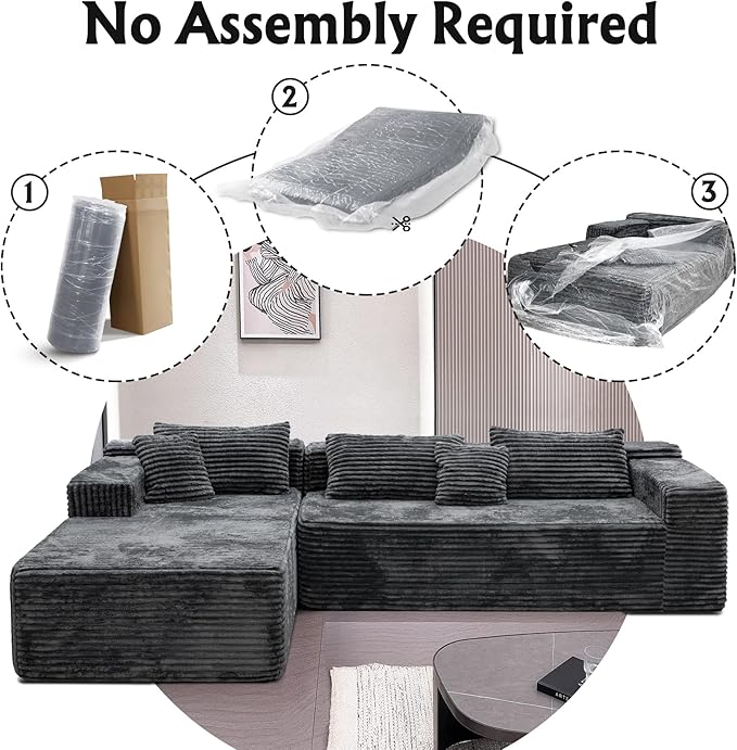 Boneless Modular Sectional Sofa Cloud Couch with Left Facing Chaise Oversized Deep Seat L-Shaped Soft Corduroy Fabric Sectional Couch for Living Room -Grey