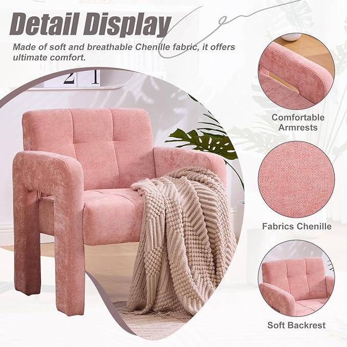 Modern Accent Chair Set of 1 Chenille Fabric Upholstered Reading Armchair Mid-Century Leisure Comfy Single Sofa Chair for Living Room Bedroom Home Office (Pink Set of 1)