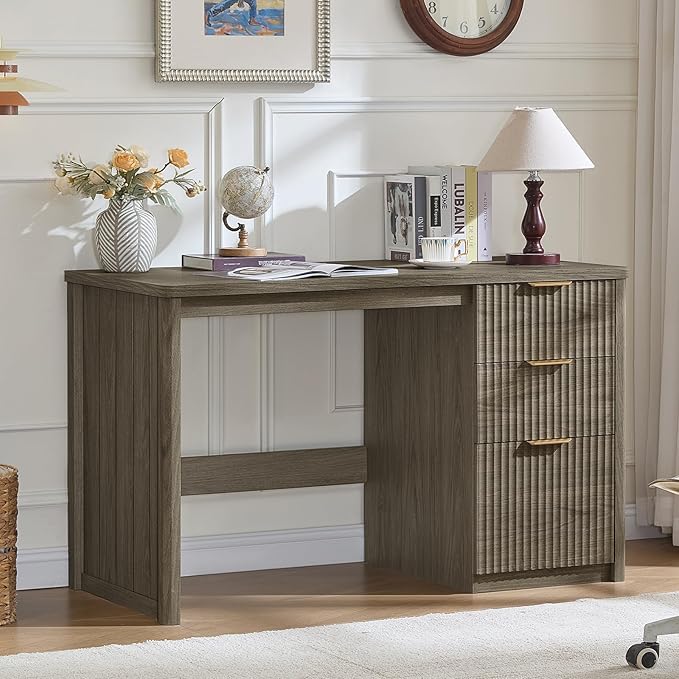 LEYAOYAO Office Desk 48 with 3 Drawers Storage File Cabinet Wood Fluted Desk for Computer Office Bedroom Home Furniture Grey