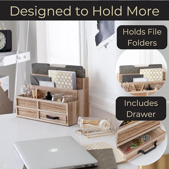 BLU MONACO | Natural Wood Mail Organizer with Drawer &amp Pen Holder | Rustic Desk Organizer for Bills Letters &amp Countertop Storage | Wooden Desktop Mail Sorter for Home &amp Kitchen