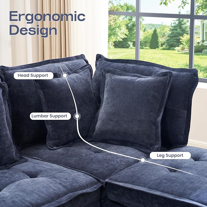 Oversized U Shaped Modern Sofa Couch 133 Modular Sectional Cloud Couch with Storage 6-Seat Chenille Deep Seat Sofa with 6 Pillows for Living Room Bedroom and Apartment Blue
