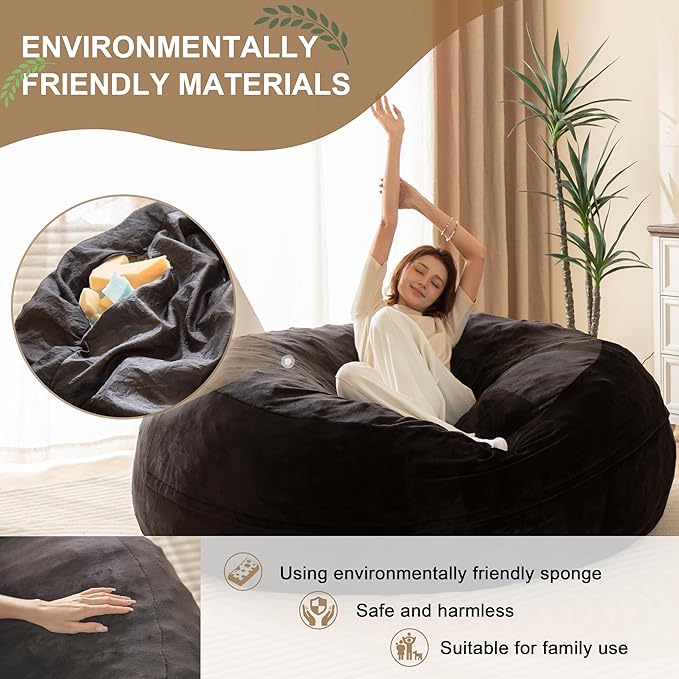 Bean Bag Chair for Adults Floor Bean Bags Offers Ample Space for AdultsMemory Foam Giant Bean BagsLounger Versatile Design Suits Any RoomMovie NightsReading(Black5FT)