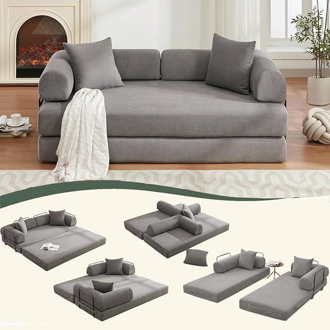 MYFUNSHOP Sleeper Sofa Bed4-in-1 Convertible Folding Boneless CouchFoldable Love Seat with Pillow Corduroy Floor Futon Couch for Living RoomBedroomLounge Studio