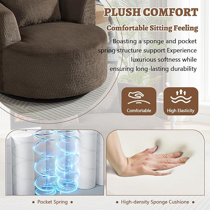 39.4 Wide Swivel Accent Chair Modern 360° Rotating Barrel Chair with Metal Base Club Single Sofa Chenille Armchair for Living Room Bedroom Reading Room Office (Dark Brown)