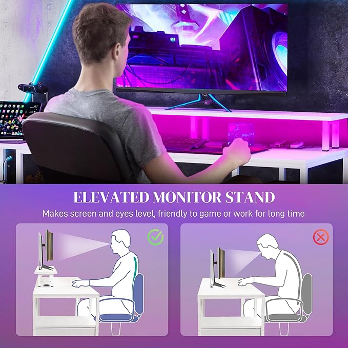 61 Computer Desk with LED Lights Power Outlets and USB Ports Gaming Desk with Storage Shelves Monitor Stand Fabric Drawers Remote for Home Office Study Distressed White
