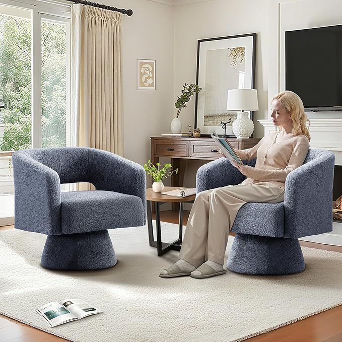 ClinQ Swivel Barrel Accent Chair Oversized Teddy Upholstered Round Swivel Chairs Set of 2 Modern Luxury 360° Living Room Vanity Chair for Bedroom Office&ampLiving Room Blue