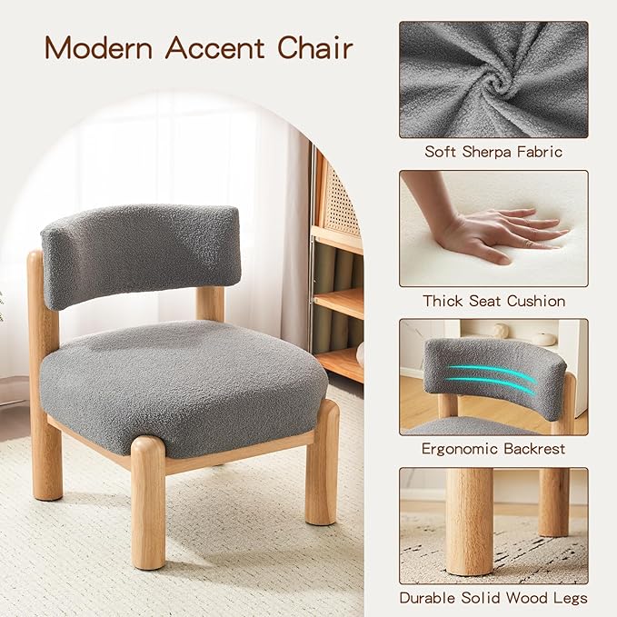 Furniliving Oversized Modern Accent Chair Boucle Fabric Upholstered Armless Chair Assembly Free Comfy Living Room Chair with Solid Wood for Home Decor Grey