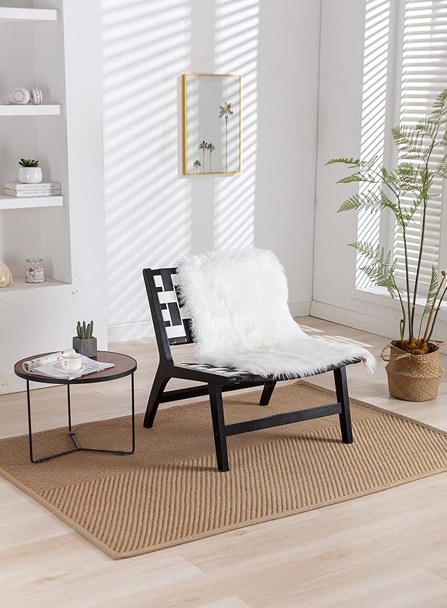 Solid Wood Frame Chair with White Faux Wool. Modern Accent Chair Lounge Chair for Living Room