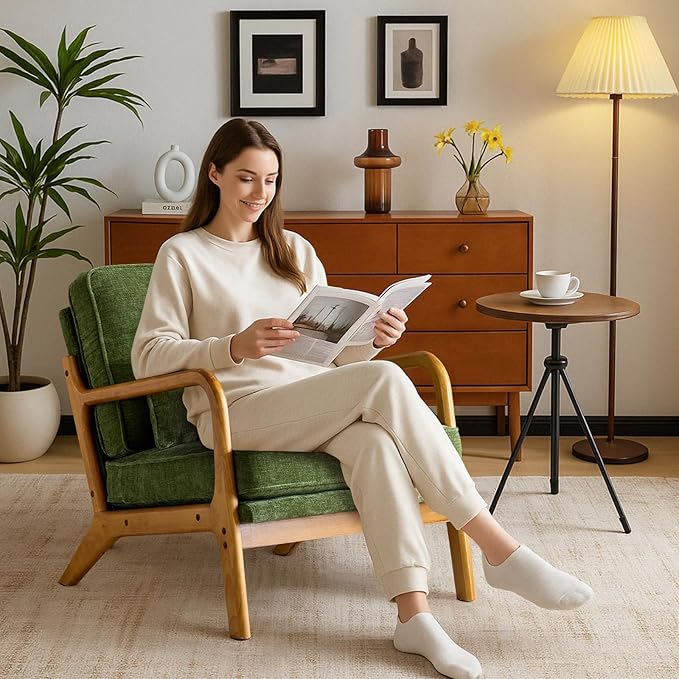 Karl home Mid Century Modern Accent Chair with Lumbar Pillow &amp Oak Arms – Plush Chenille Living Room Chair for Bedroom Lounge (Olive Green)