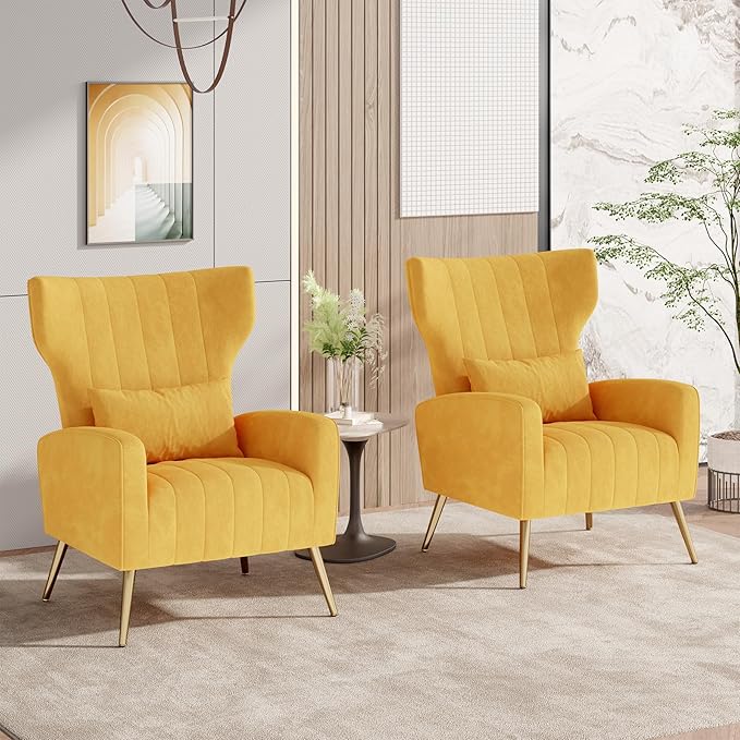 Nalupatio Modern Accent Chairs for Set of 2 Upholstered Velvet Fabric Reading Chair Mid Century Arm Chair Comfy Armchair for Living RoomYellow