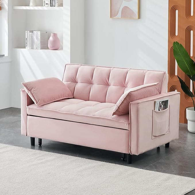 3 in 1 Convertible Sleeper Sofa Bed 55 Pull Out Couches Modern Loveseat Sleeper Sofa with Adjustable Reclining Backrest &amp Side Pockets for Living Room Velvet Fabric Pink